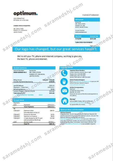 USA New York Optimum cablevision bill template in Word and PDF format